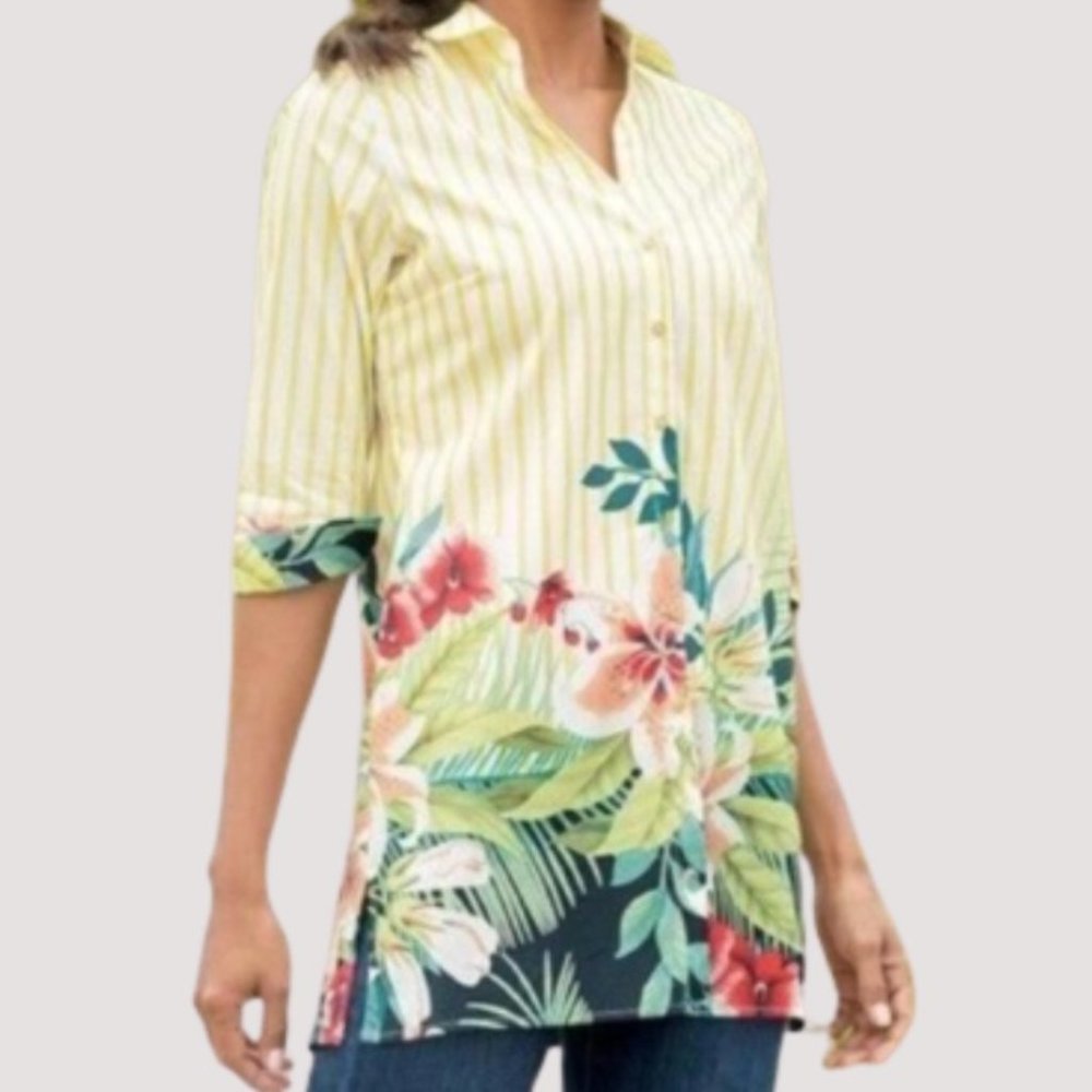 🌼 Soft Surroundings Striped Tropical Floral Tunic, L